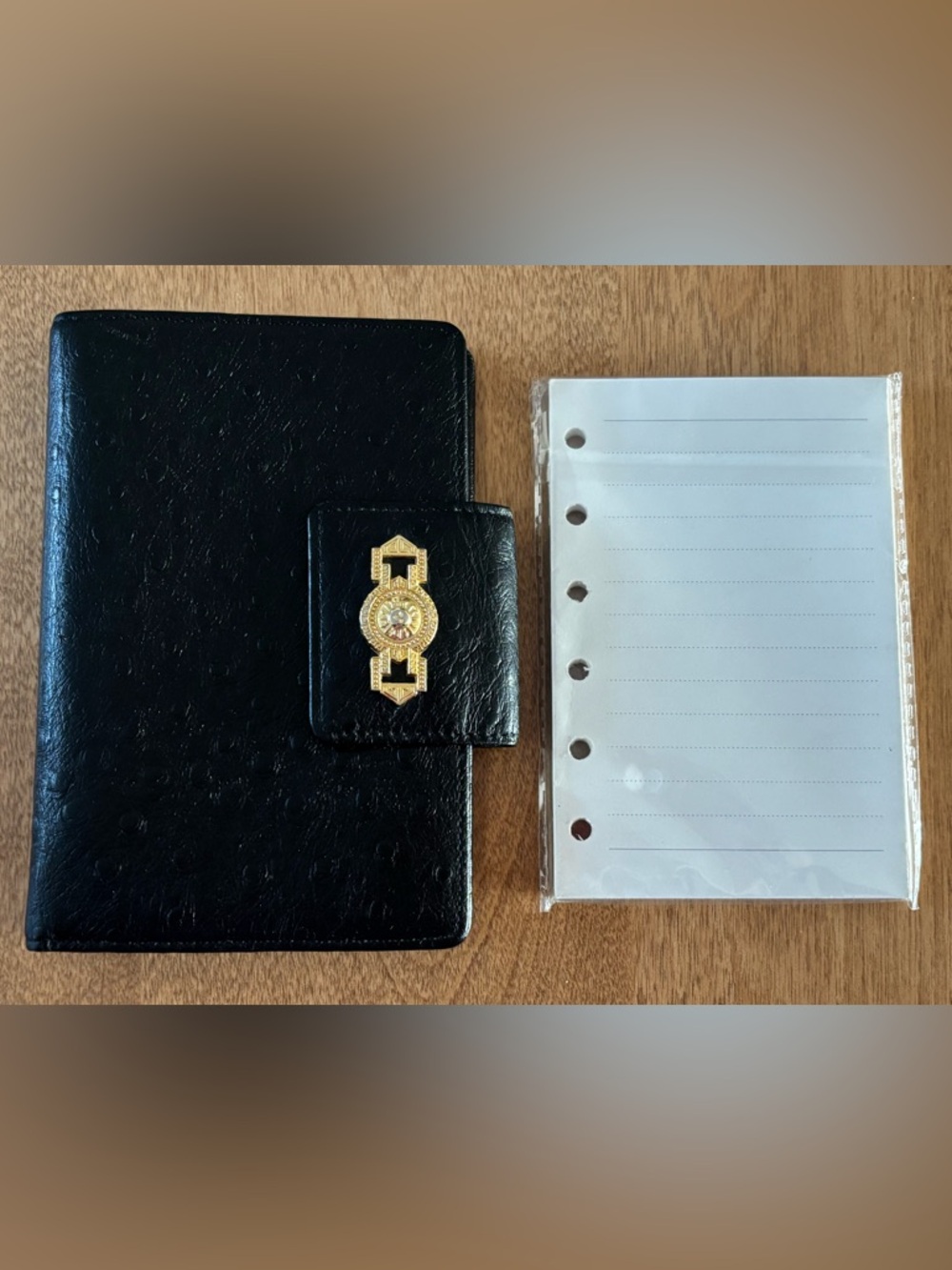 Gianni Versace Vintage Sunburst Organizer/Planner, Black Ostrich, VGVC